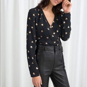 & Other Stories Black Metallic Leaf Wrap Blouse